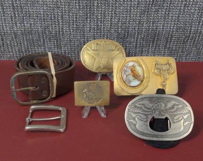 Grab bag of belt buckles with 48" leather belt