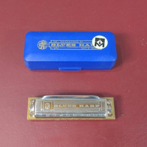 Vintage Hohner Blues Harp, key of B flat, in case