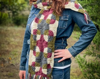 Granny Square Crochet Scarf with Fringe Patchwork Granny Square Crochet Scarf Pattern (PDF Crochet Pattern)