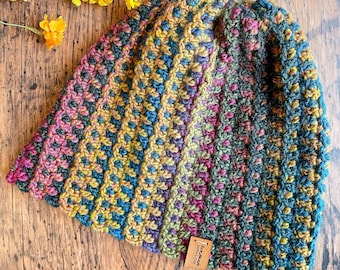 Crochet Unique Slouchy Beanie Hat Pattern, crochet beanie hat pattern, crochet hat made from rectangle, crochet sideways hat, crochet hat