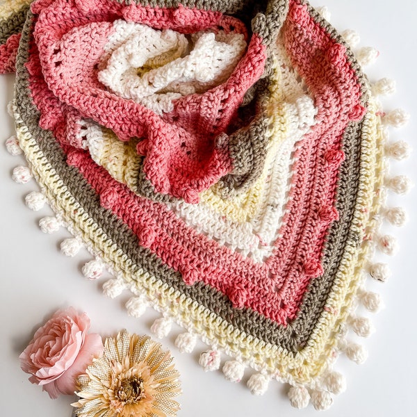 Triangle Scarf Crochet Pattern, beginner friendly textured triangle scarf with Pom Pom edge, crochet one-cake scarf, crochet triangle shawl