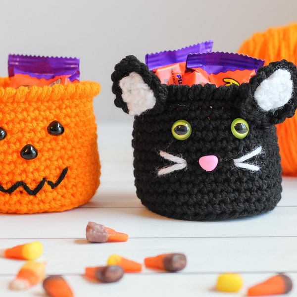 Crochet Halloween Treat Cups Set Jack o'Lantern Black Cat Pattern, pumpkin & black cat crochet Halloween basket patterns, Halloween crochet