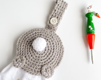 Crochet Bunny Tail Bum Towel Topper Pattern, Spring Easter crochet towel topper, Bunny crochet pattern, crochet bunny tail, crochet kitchen