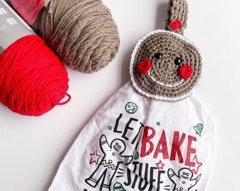 Crochet Gingerbread Man Towel Topper Pattern, Christmas Gingerbread Man crochet towel topper, crochet towel holder, crochet kitchen towel