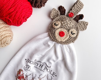 Crochet Reindeer Towel Topper Pattern, Christmas reindeer crochet towel, crochet reindeer pattern, crochet Christmas towel topper, reindeer