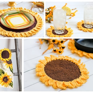 Crochet Rustic Sunflower 4 Pattern Collection Pattern, crochet sunflower kitchen set, rustic crochet sunflower, crochet sunflower,