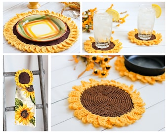 Crochet Rustic Sunflower 4 Pattern Collection Pattern, crochet sunflower kitchen set, rustic crochet sunflower, crochet sunflower,