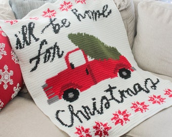 Crochet Vintage Red Truck Christmas Blanket Pattern, crochet Christmas tapestry crochet throw pattern, Crochet Christmas blanket pattern