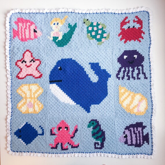 Crochet Sea Life C2C Graph Blanket Pattern, 12 Sea Life C2C Squares crochet  blanket, crochet ocean animals c2c squares graphgan patterns