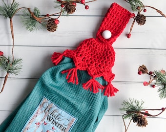 Crochet Towel Topper Pattern, tasseled towel topper crochet Christmas kitchen pattern, crochet towel holder, crochet kitchen towel topper