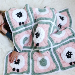 Crochet Sheep Lamb Granny Square Blanket Pattern, crochet lamb Easter Baby blanket granny square pattern, crochet sheet square, crochet lamb image 5