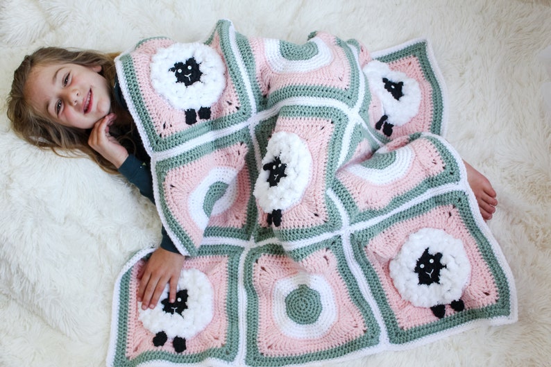 Crochet Sheep Lamb Granny Square Blanket Pattern, crochet lamb Easter Baby blanket granny square pattern, crochet sheet square, crochet lamb image 5