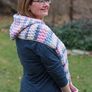 Crochet Pocket Scarf with Hood Pattern, crochet scoodie pocket scarf, crochet hooded pocket scarf, beginner friendly crochet pocket scarf image 2
