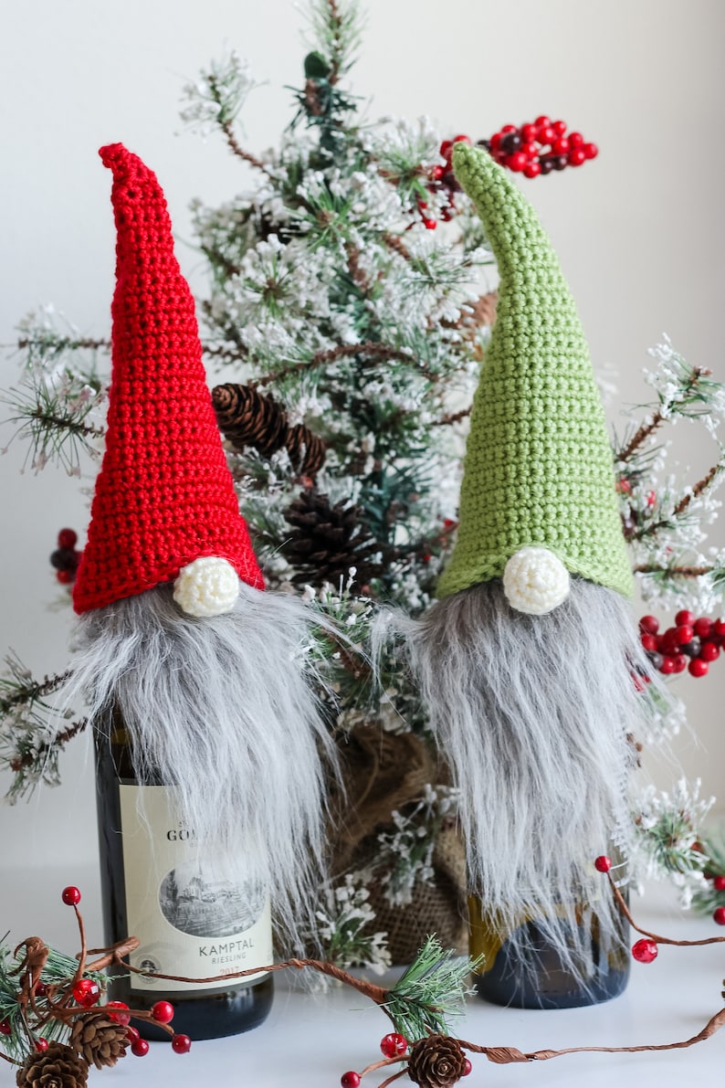 Crochet Gnome Wine Bottle Topper Pattern, gnome crochet bottle topper, Christmas crochet gnome, easy crochet gnome pattern, Christmas gnome image 1