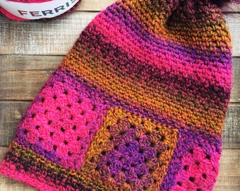 Crochet Granny Square Slouchy Hat Pattern, crochet granny square hat pattern, slouchy crochet hat, crochet granny square hat, crochet hat