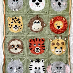 Animal Granny Square Crochet Blanket Pattern, 12 Wildlife Animal Jungle themed Granny Squares + border instructions, Baby blanket crochet