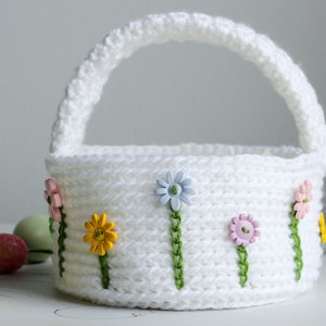 Crochet Flower Easter Basket Crochet Pattern, Spring Easter Flower Basket, crochet basket pattern, easy crochet basket with flowers image 1