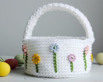 Crochet Flower Easter Basket Crochet Pattern, Spring Easter Flower Basket, crochet basket pattern, easy crochet basket with flowers