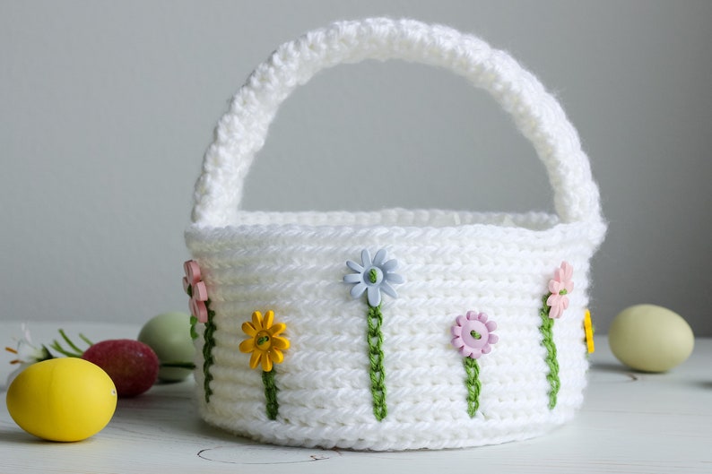 Crochet Flower Easter Basket Crochet Pattern, Spring Easter Flower Basket, crochet basket pattern, easy crochet basket with flowers image 1