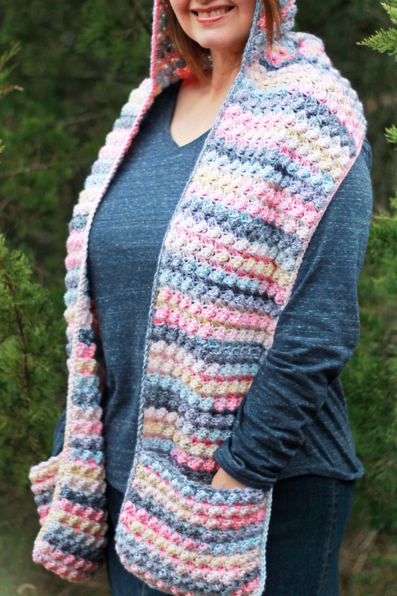 Crochet Pocket Scarf with Hood Pattern, crochet scoodie pocket scarf, crochet hooded pocket scarf, beginner friendly crochet pocket scarf image 3