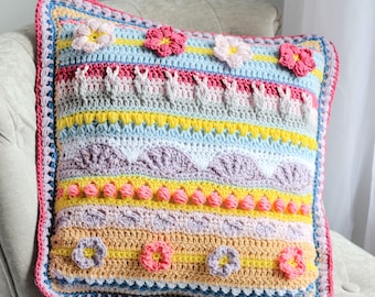 Crochet Stitch Sampler Pillow Pattern, textured Spring Themed Pillow, Spring pillow, stitch sampler pillow home decor, crochet pillow