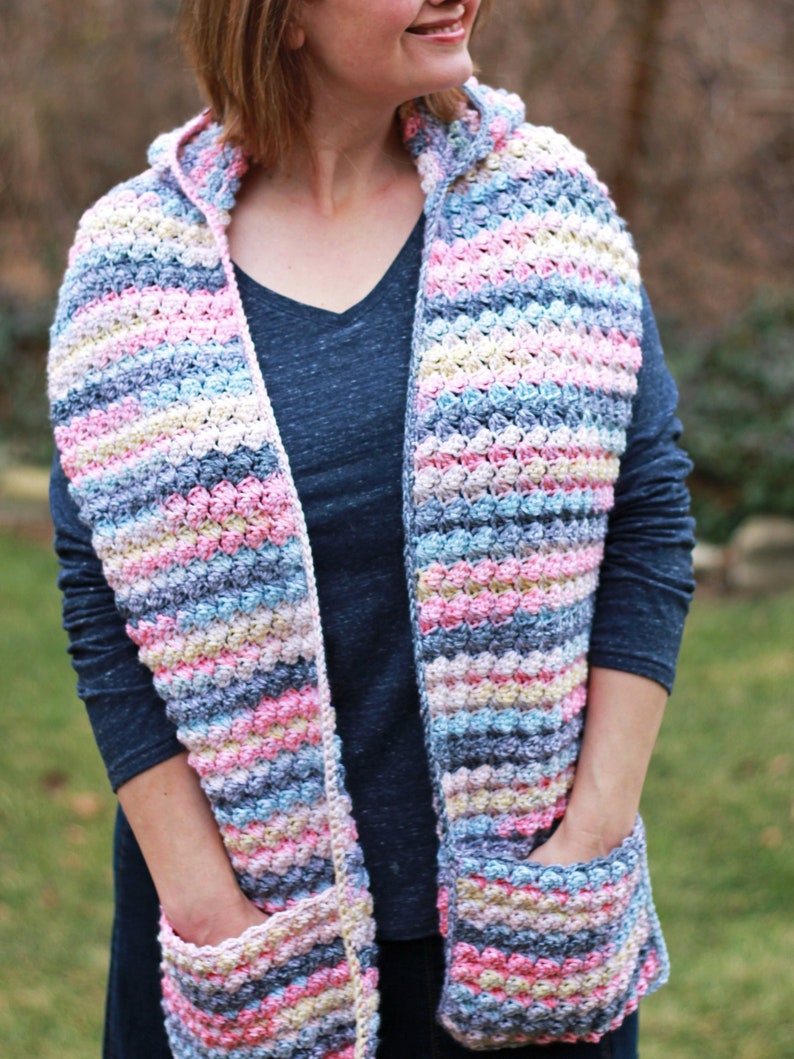 Crochet Pocket Scarf with Hood Pattern, crochet scoodie pocket scarf, crochet hooded pocket scarf, beginner friendly crochet pocket scarf image 1
