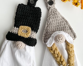 Crochet Thanksgiving Pilgrim Gnome Towel Topper Pattern, pilgrim gnome crochet towel, crochet Thanksgiving, crochet pilgrim, crochet gnome