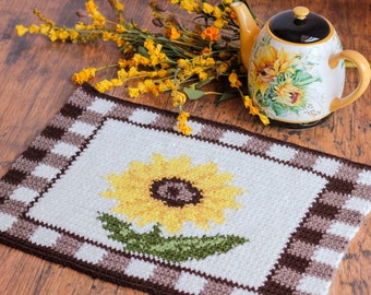 Crochet Gingham Sunflower Placemat Pattern, Sunflower Dining Placemat Crochet pattern, crochet placemat, crochet sunflower, sunflower dining