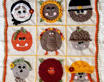 Thanksgiving Fall Granny Square Crochet Blanket Pattern, 9 Thanksgiving / Fall themed Granny Squares + border instructions, crochet blanket
