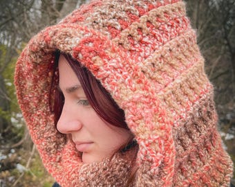 Crochet Hooded Cowl Hat Pattern PDF | Warm Oversized Hood with attached ribbed cowl
