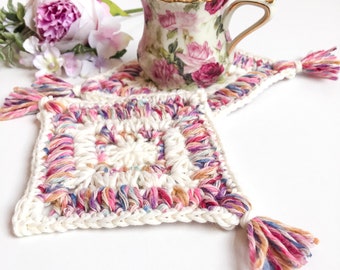 Crochet Boho Flower Coaster Mug Rug Crochet Pattern, crochet flower coaster mug rug pattern, crochet coaster, crochet home decor
