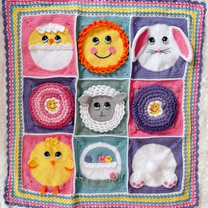 May include: A colorful crocheted baby blanket with a variety of animal and spring-themed motifs, including a chick, a bunny, a lamb, a sun, and a basket of eggs.
