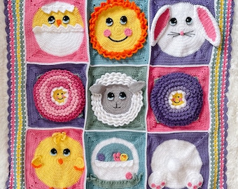 Easter Spring Granny Square Crochet Blanket Pattern, 8 Easter themed Granny Squares + border instructions, crochet Easter Blanket pattern