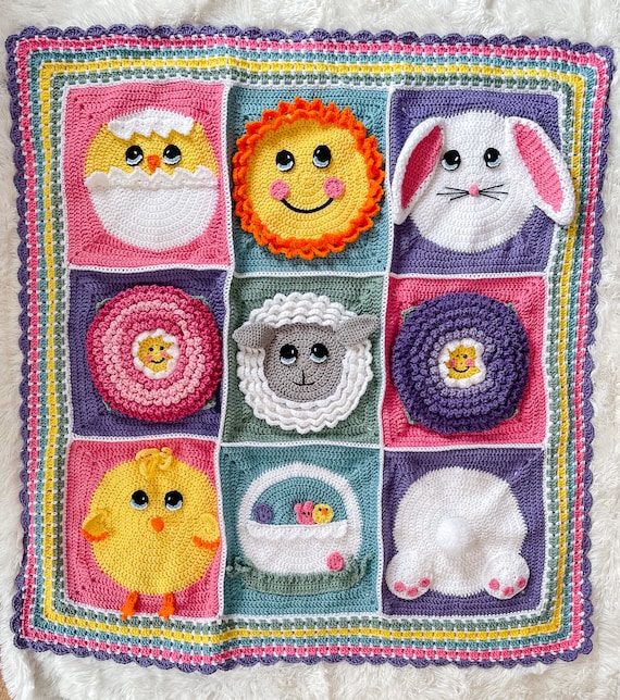 Easter Spring Granny Square Crochet Blanket Pattern, 8 Easter themed Granny Squares + border instructions, crochet Easter Blanket pattern