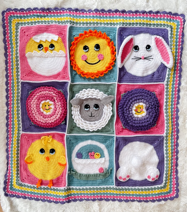 May include: A colorful crocheted baby blanket with a variety of animal and spring-themed motifs, including a chick, a bunny, a lamb, a sun, and a basket of eggs.