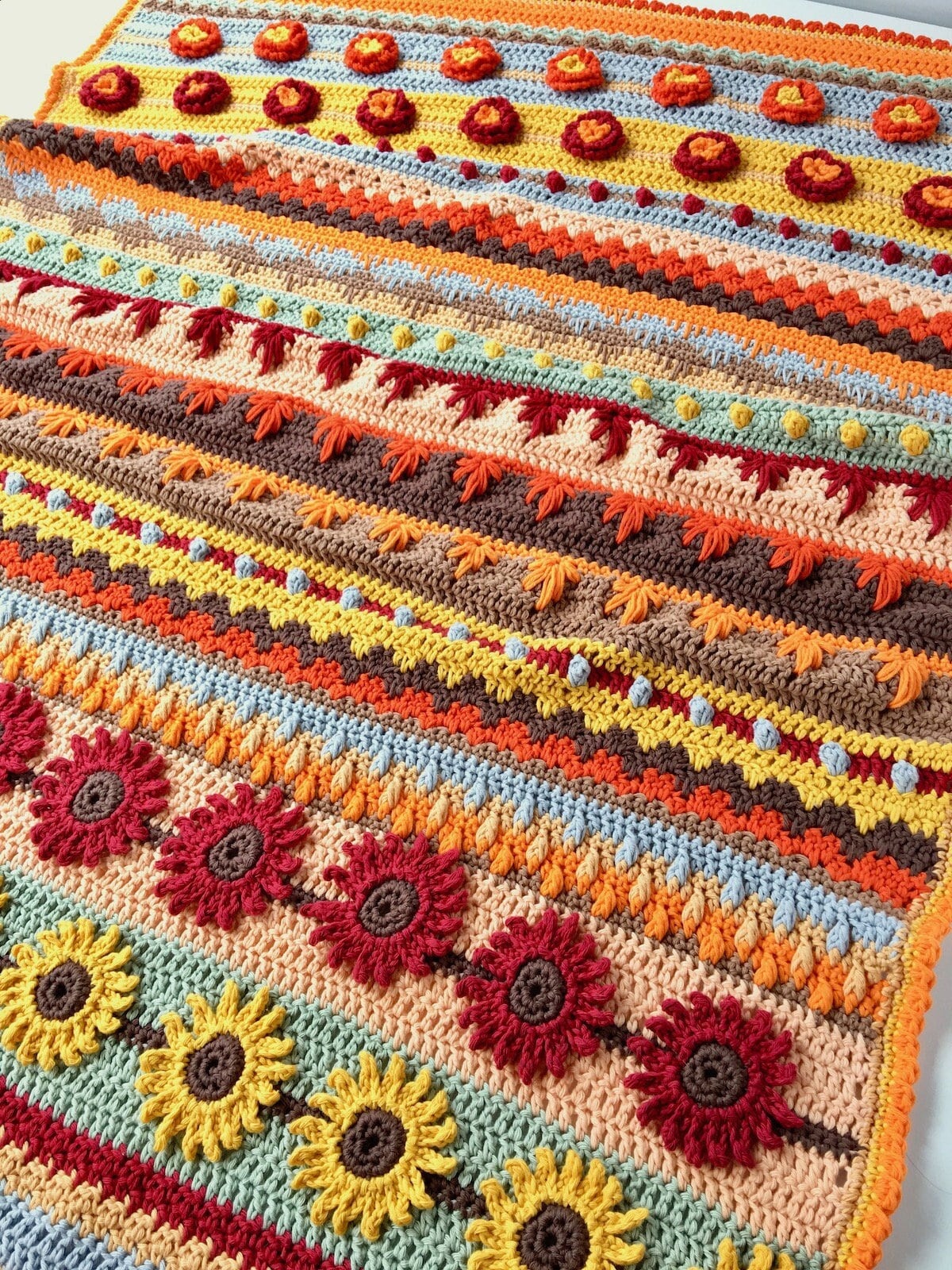 Crochet Fall Autumn themed Stitch Sampler Blanket Pattern, modern stitch sampler throw blanket, beautiful crochet blanket for Autumn decor