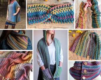 May include: A set of crocheted items in a variety of colors, including a poncho, headband, scarf, hat, and fingerless gloves. The items are all made with a similar stitch pattern and feature a mix of teal, purple, yellow, and orange.