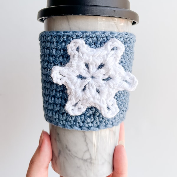 Crochet Snowflake Beginner Cup Cozy Pattern, crochet cup cozy + printable, crochet snowflake cozy, crochet snowflake cup sleeve, cup cozy