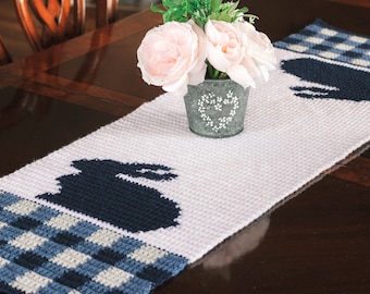 Crochet Gingham Plaid Bunny Spring Easter Table Runner Pattern, Easter Bunny Dining Table Runner Crochet pattern, Crochet Bunny Decor