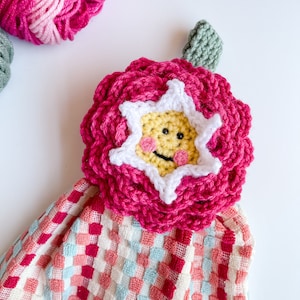 Crochet Flower Towel Topper Holder Pattern, Happy Flower crochet towel topper towel holder pattern, crochet kitchen towel holder, cute towel