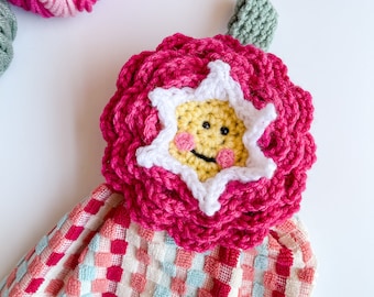 Crochet Flower Towel Topper Holder Pattern, Happy Flower crochet towel topper towel holder pattern, crochet kitchen towel holder, cute towel