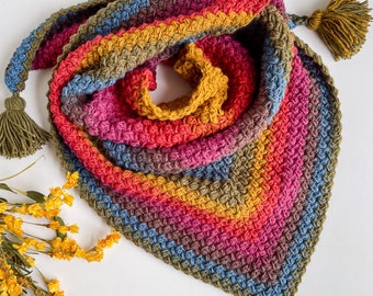 Beginner Puff Stitch Textured Triangle Crochet Stitch Scarf Pattern, triangle crochet shawl pattern, crochet scarf with tassels pattern