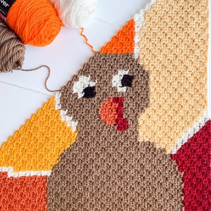 May include: A crocheted Thanksgiving turkey design in brown, orange, red, white, and yellow yarn. The turkey is in the center of the image with its head and body visible. The yarn is in the upper left corner of the image.