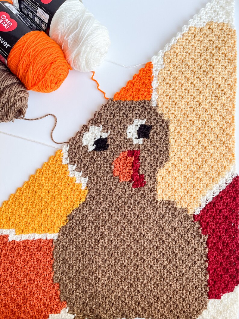 May include: A crocheted Thanksgiving turkey design in brown, orange, red, white, and yellow yarn. The turkey is in the center of the image with its head and body visible. The yarn is in the upper left corner of the image.