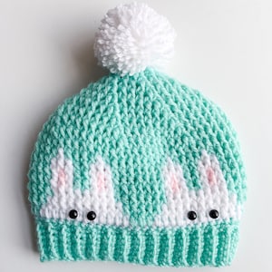 Crochet Bunny Hat Pattern, easy fun beginner friendly Easter spring bunny color work hat, crochet bunnies hat pattern, crochet bunny beanie