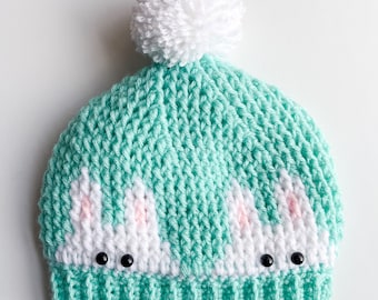 Crochet Bunny Hat Pattern, easy fun beginner friendly Easter spring bunny color work hat, crochet bunnies hat pattern, crochet bunny beanie