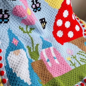 Crochet Gnome C2C Graph Blanket Pattern, summer gnome crochet blanket, crochet blanket with mushrooms, bees, butterflies and gnomes!