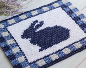 Crochet Gingham Plaid Bunny Spring Easter Placemat Pattern, Easter Bunny Dining Placemat Crochet pattern, crochet spring bunny placemat