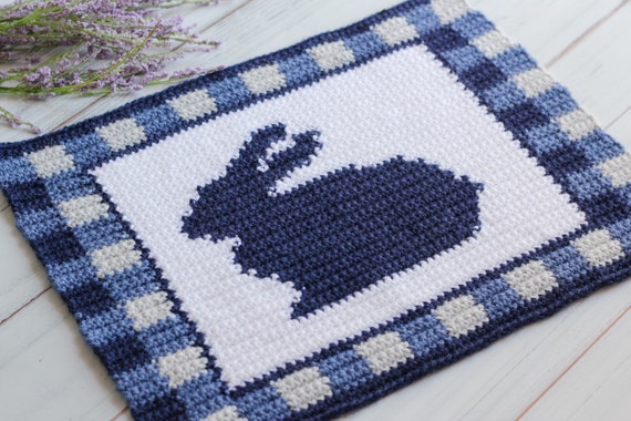 Crochet Gingham Plaid Bunny Spring Easter Placemat Pattern, Easter Bunny Dining Placemat Crochet pattern, crochet spring bunny placemat