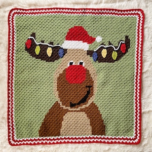 Puede incluir: Una manta de reno tejida a crochet con un gorro de Papá Noel rojo, cuernos marrones y una nariz roja. El reno está rodeado de un fondo verde con un borde blanco y rojo.